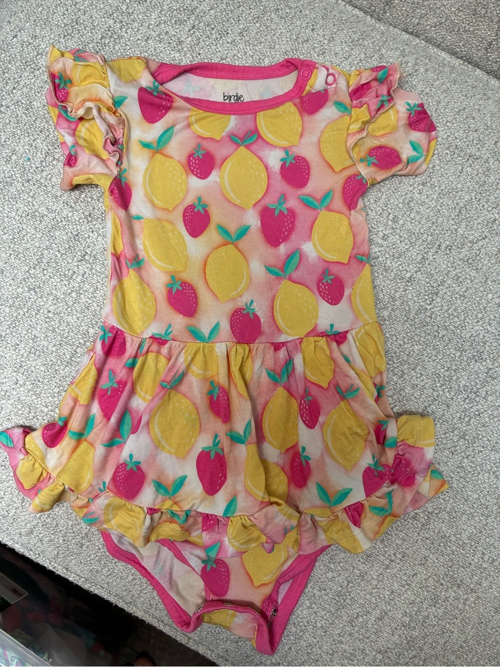 Birdie Pink & Yellow Lemon Strawberry Ruffle One-Piece Bodysuit